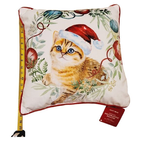 Vintage NWT Microsuede Throw Pillow Christmas Cat Wearing Santa Hat 18x18 - Picture 7 of 7